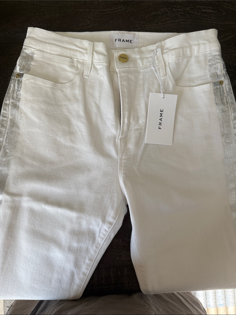 Frame Denim White Skinny Jeans with Metallic Silver Side Stripe